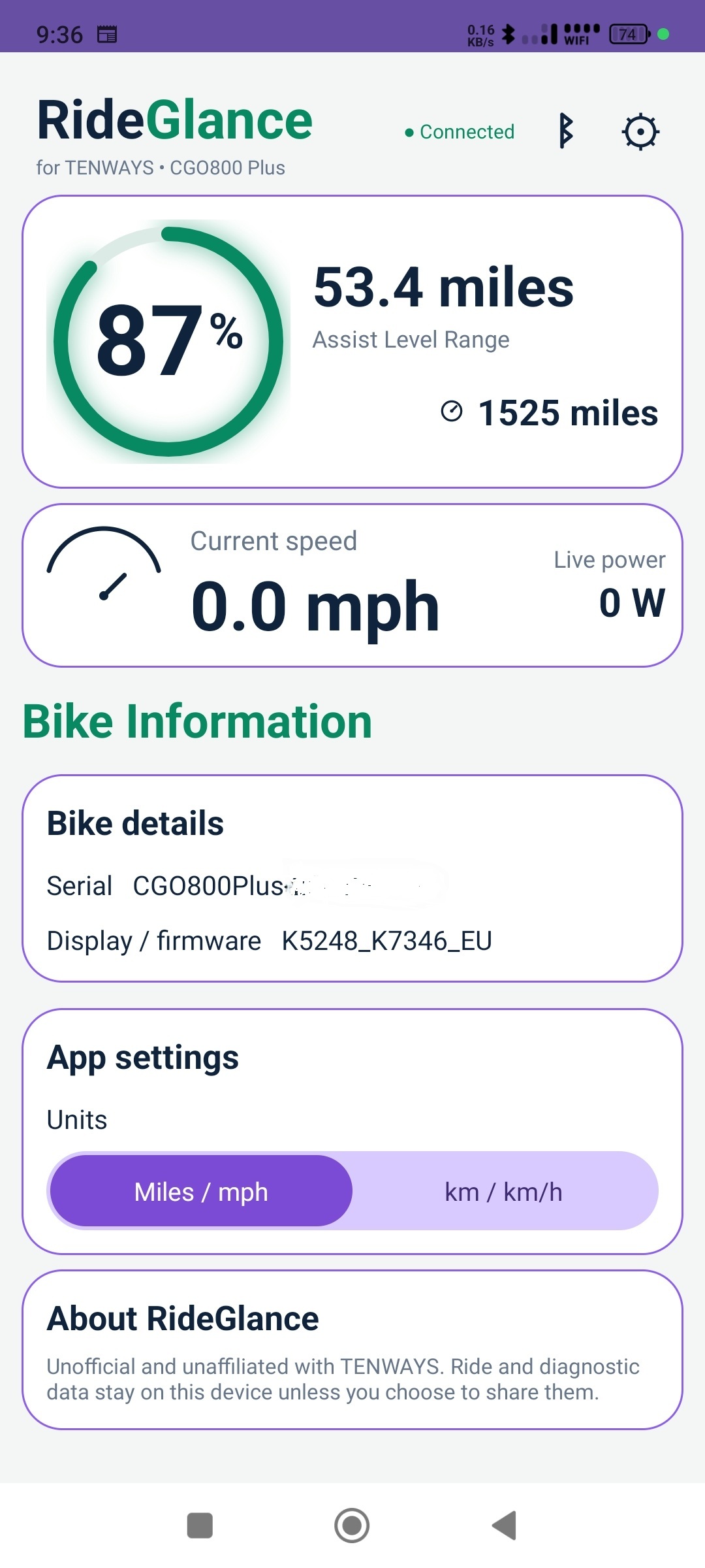 RideGlance Bike Information page