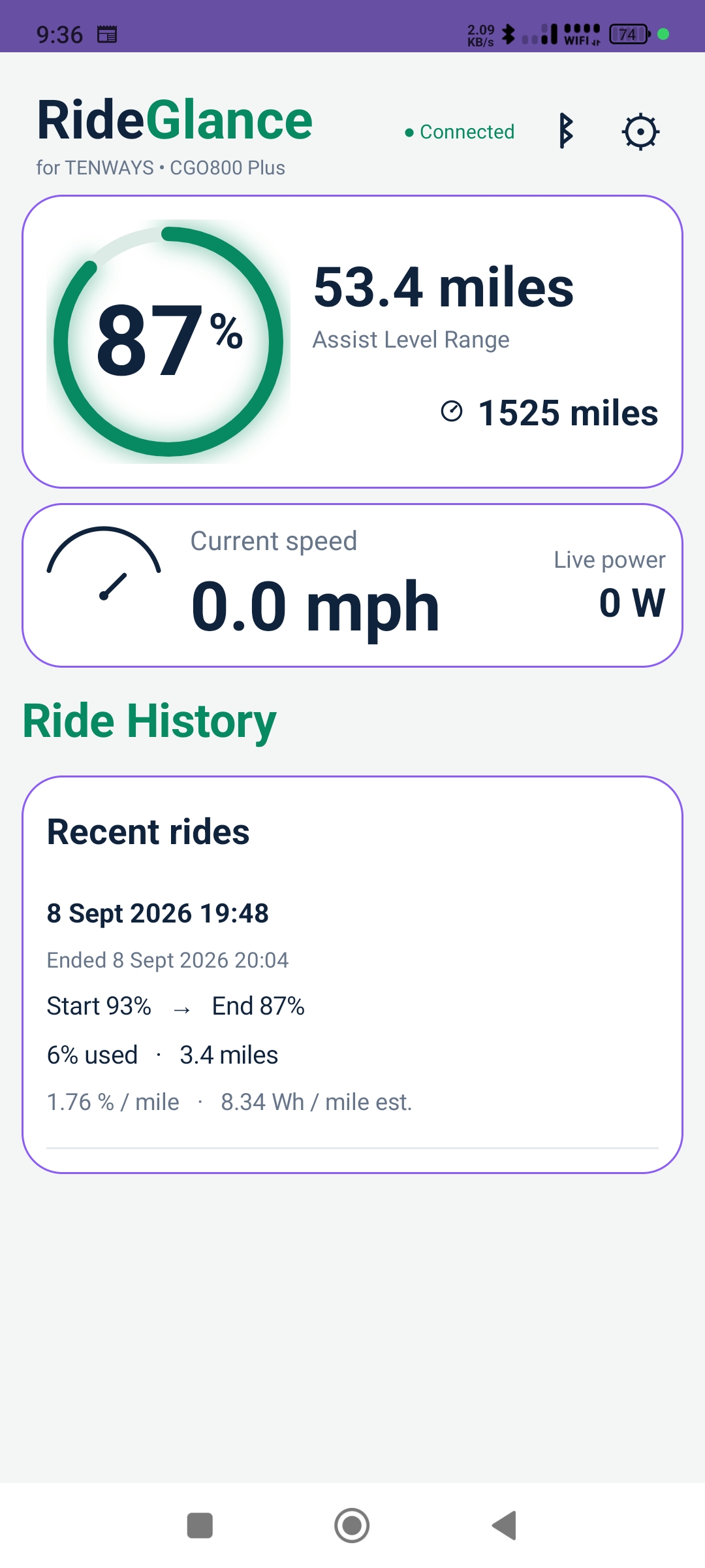 RideGlance Ride History page